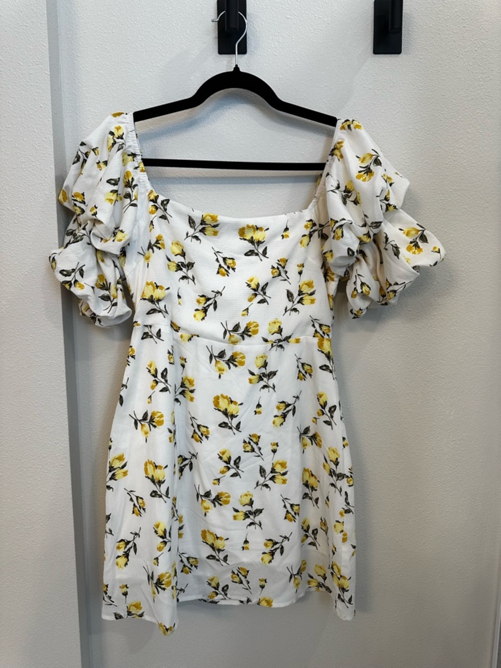 Square Neck White Mini Dress with Yellow Rose Print